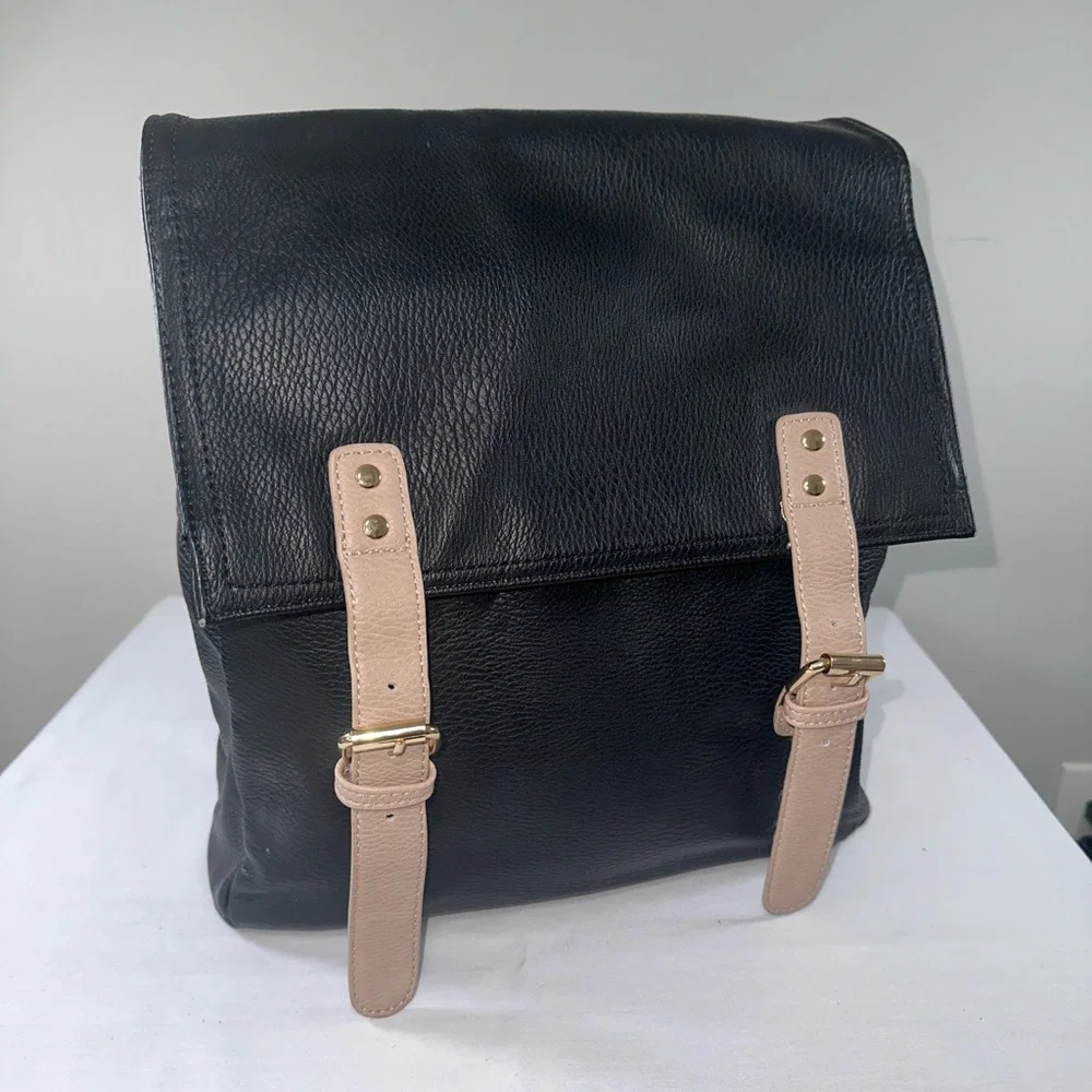Madison West Faux Leather Convertible Backpack Tan and Black Gold Hardware